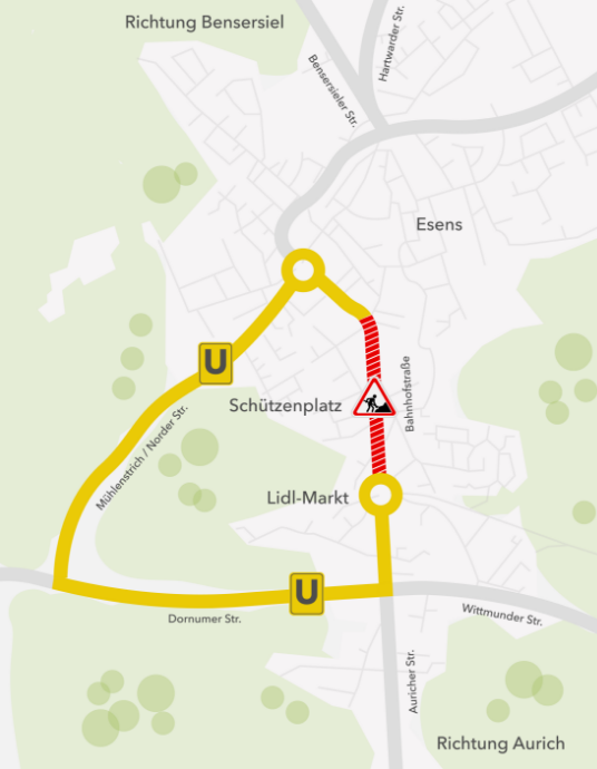 Karte Umleitung Sanierung Bahnhofstraße Esens (L8) – Verkehrsführung und Erreichbarkeit